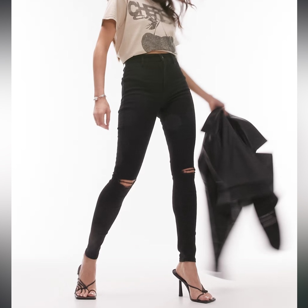 Topshop Joni Jeans Minimalist Grunge Rocker Chic Edgy Black With Knee Rips W26
